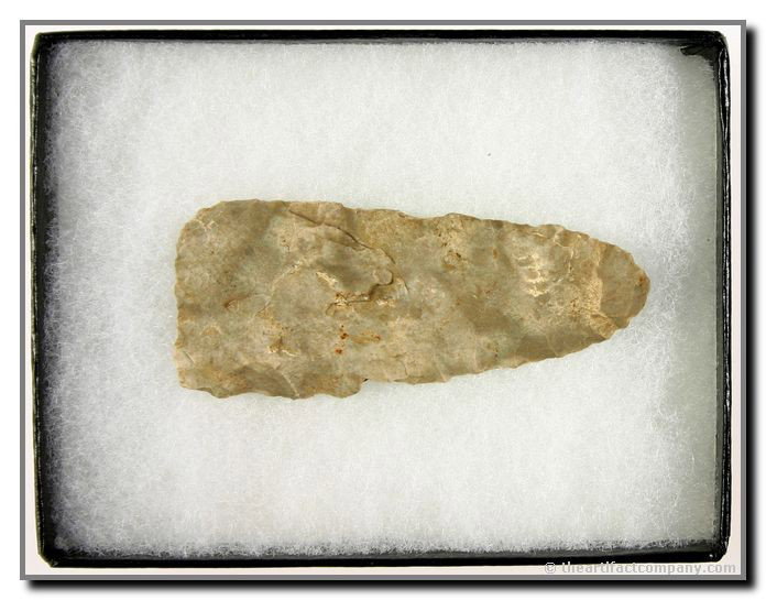 2 7/8" wadlow Cluster Blade: ID'ed by the owner. Nice condition. Very thin. Ft. Payne Chert. Display frame included. Ex- James Leak Collection. Warren Co., Indiana.