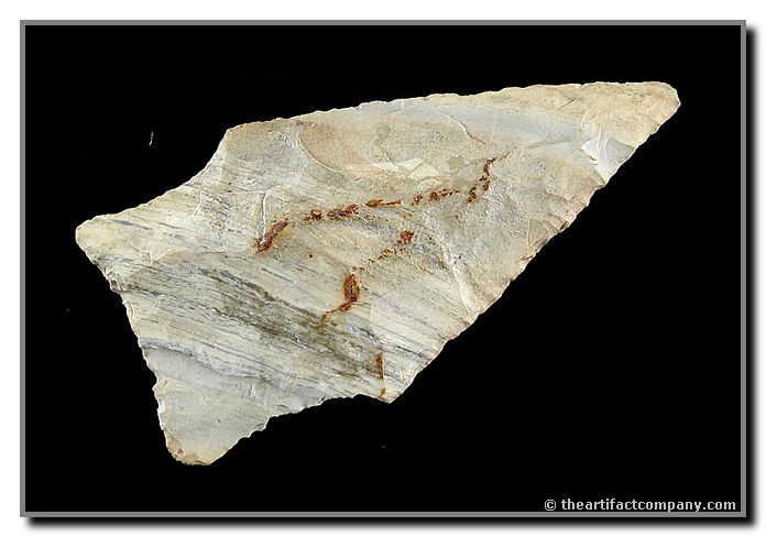 029: 2 9/16" Johnson - Motley COA: Pretty striped Reed Springs Chert. Fairly rare type from Southwest Missouri. Has characteristics of Holland and Scottsbluff. Ex- Terry Allen Collection. Motley COA.