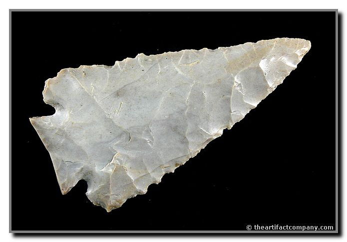 069: 2 15/16" Decatur - Jackson COA: Truly superb example. Perfectly balanced with great symmetry and flaking. Made of light gray glossy Hornstone. Found in Dekalb Co., Indiana.