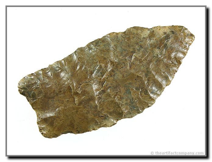 080: 2 7/8" Folsom Ultra Knife - Motley COA: Nicely river polished Reed Springs Chert. With nice color. Found along the Arkansas River in Northeastern Oklahoma. Ex- Terry Allen Collection. Motley COA.