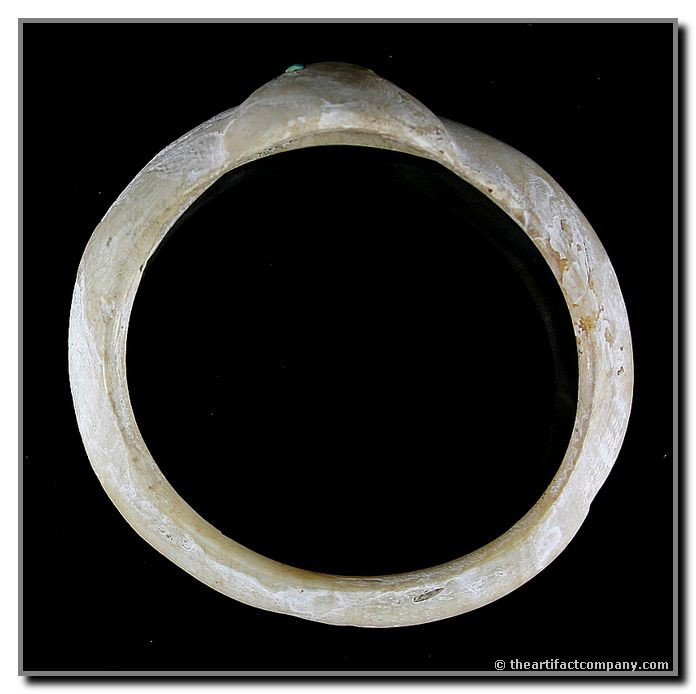 3 5/8" Hohokam Shell Effigy Bracelet with Inlaid T: Incredible prehistoric example from Arizona in the image of a Horned Lizard with inlaid turquoise eyes. Nice.