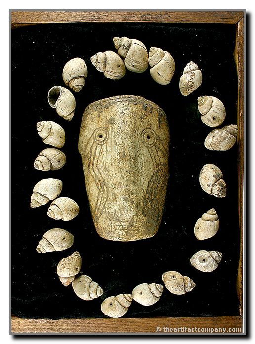 5"x3 1/2" Weeping Eye Mask with Shell Beads: Shell piece with sticker stating 'Etowah Mound Bartow Co., Georgia'. Includes 21 shell beads and wooden frame.