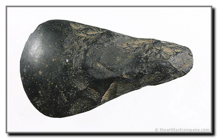 4 3/8" Flint Celt - Jackson COA: Killer example. Highly polished Dark Black Pitkin Chert. Polished over its entirety. Found in Linn Co., Iowa. Ex- Steve Pettus Collection of Cedar Rapids. Jackson COA.