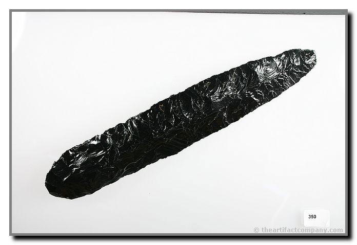 8 5/8" Cordilleran Knife - Rogers COA: WOW!! What a relic!! Huge and beautiful. Similar to Deschtes. Would have had a leather wrapped handle. Jet black Obsidian with flaking to die for. Found in the Crump lake area in Oregon.