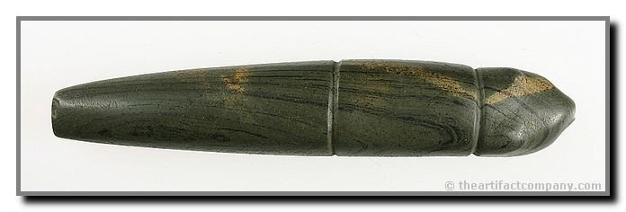 5 7/8" Lizard or Snake Effigy/Atl-Atl Weight: Green banded slate example with grooves for lashing. Ohio.