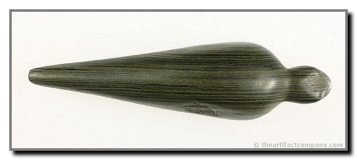 4 1/2" Slate Lizard Effigy - Jackson 'G-10' COA: Awesome Lizard Effigy in Green Banded Slate. Banding actually creates 'eyes' on both sides. Truly spectacular example. Franklin Co., Ohio.