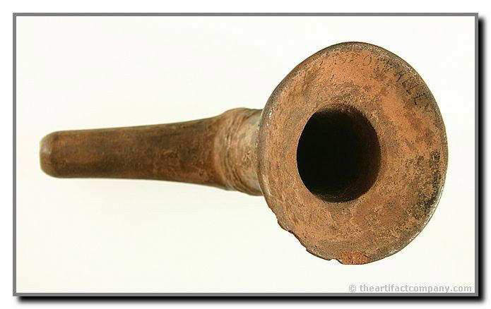 4 3/8" Trumpet Pipe: Great example from the Kelly Chestnut collection with a heavy layer of red ochre. Does not appear to have any restoration. Fired clay.