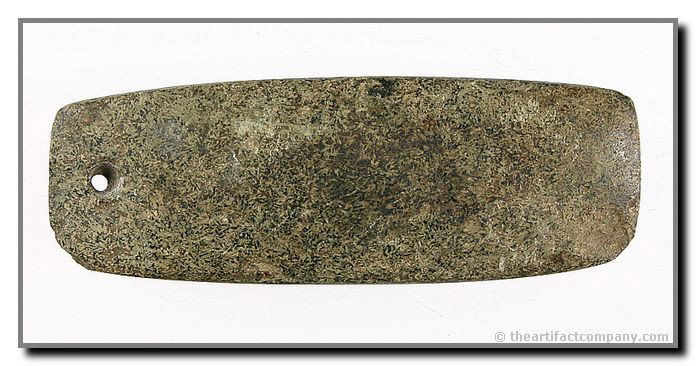 3 1/2" Granite Pendant: Hardstone examples like this speckled granite example from Ohio account for less than 5% of all Woodland-era pendants (Most are slate!). Great polish and mineralization.