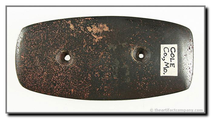 3 13/16" Hematite Gorget - Davis 'G-9' & Jackson C: Tremendous extra heavy two-hole example in virtually perfect condition. Found in Cole Co., Missouri. Davis 'G-9' & Jackson COA's.