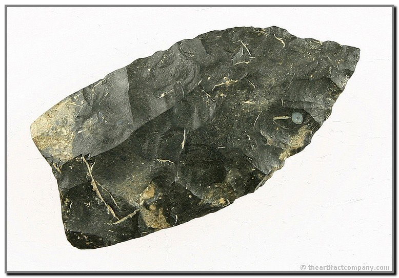 026: 2 1/8" Clovis - Jackson COA: Extra pretty Coshocton Chert multi-toned blues . Found in Stark Co., Ohio. Jackson COA.