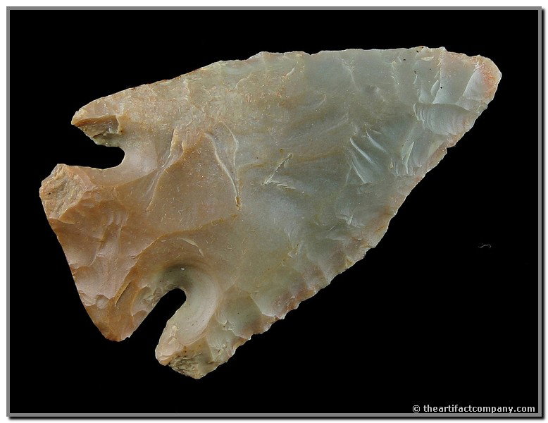 045: 2 5/8" Lost Lake: Deep notches and made of a beautiful grade of Carter Cave flint with lots of pastels. Found by Bud Clem in Jessamine Co., Kentucky. Ex- Dix Collection.
