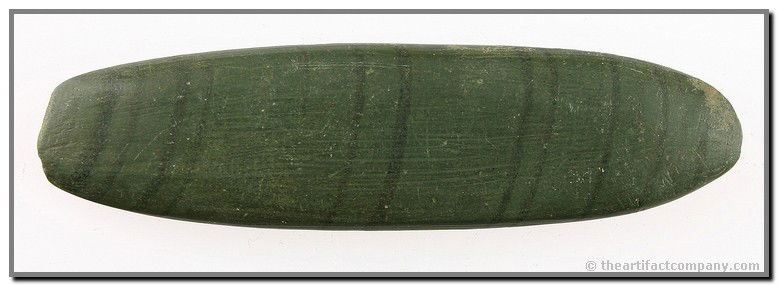 073: 4" Bar Weight - Jackson COA: Beautiful green banded slate. Very thin and well executed. Actually has 'chisel' ends. Ohio type and material. Jackson COA.