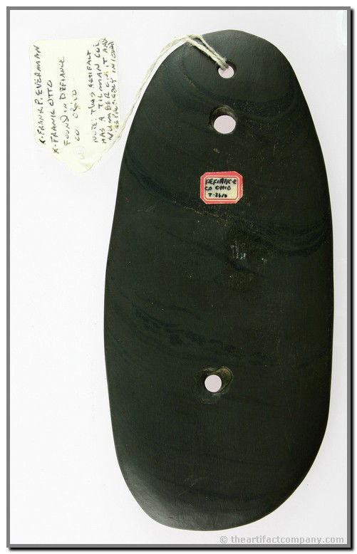 088: 6 3/8" Glacial Kame Sandal Sole Gorget - Jackson/P: Excellent example from Defiance Co., Ohio in a dark banded slate. Ex - Frank P Everman, Frank Otto, and Jim Tilman (T-2610) Collections. Big! Jackson/Partain COAs