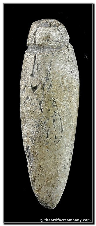 089: 2 5/8" Fossilized Shell Plummet - Jackson COA: Phenomenally rare relic reportedly found in Florida. Extremely heavy fossilized shell example in terrific condition. Old collector writing reads - '375 CRL'. Jackson COA.