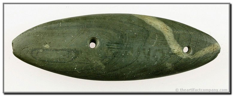 096: 4 3/16" Glacial Kame Gorget - Davis & Jackson COA': Highly developed form in highly polished green and cream banded slate. Ohio. Davis & Jackson COA's.