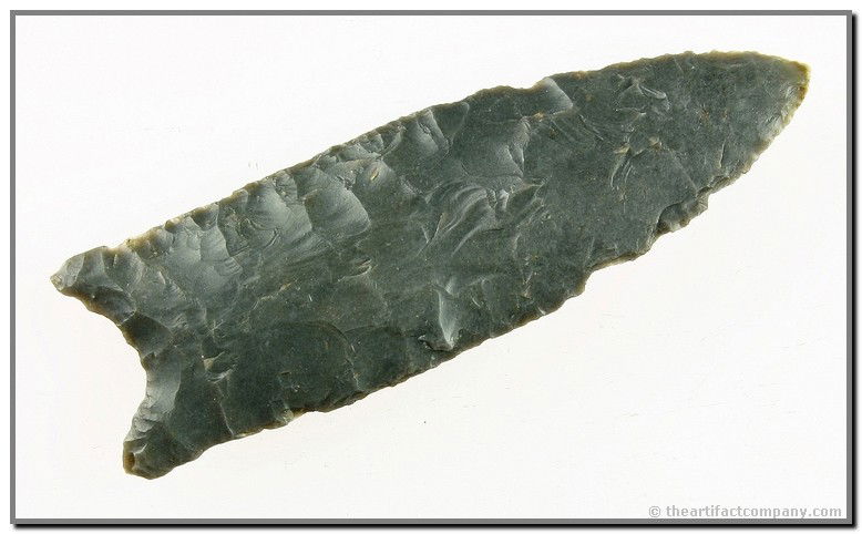 3 3/4" Quad - 4 COA's: Found by Bob Barker in 1994 near Wild Cat Creek in Boone Co., Indiana. Beautiful glossy dark gun metal gray Hornstone. Ultra thin with killer flaking. Davis 'G-9', Jackson, Rogers, & Stermer COA's.