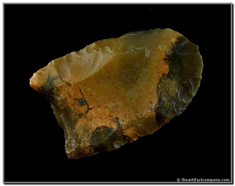 1 3/16" Folsom - Jackson & Partain COA's: Made of a very pretty highly translucent root beer and cream colored Agate. Found in Dona Ana Co., New Mexico. Ex- Ludwick Collection. Rogers & Partain COA's.