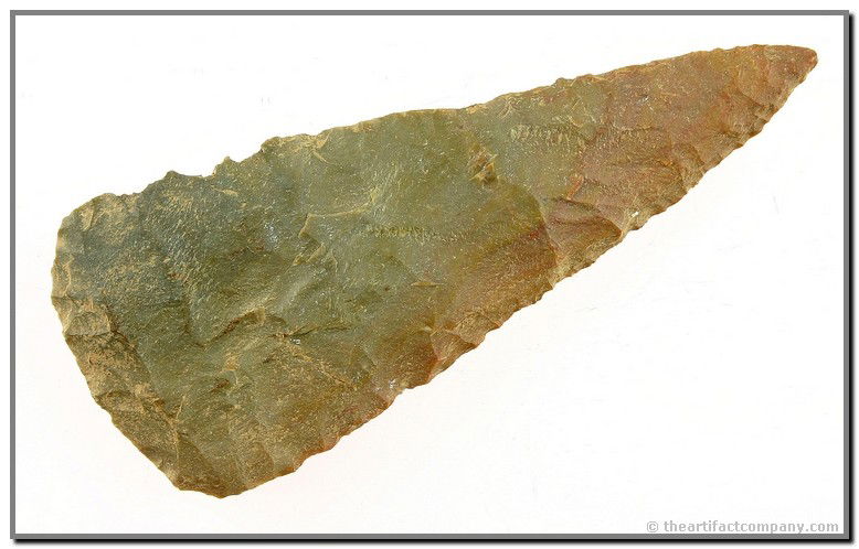 4 1/2" Cobbs Knife: Beautiful multi-toned greens and browns Breathitt Chert. Found in Fayette Co., Kentucky. Ex- Dr. Joe Daugherty Collection.