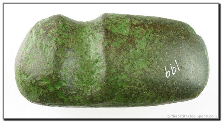 4 11/16" 3/4 Groove Hohokam Axe - Jackson COA: Gorgeous desert varnish with a distinctly green caste. Really stands out amongst other axes because of its color and polish. Diorite. Ex- Dana Scanlon Collection. Arizona. Jackson COA.