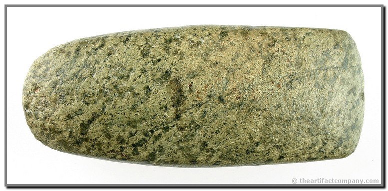 Perfect 4 5/8" Celt: Beautiful cream and green granite with huge speckles. Square sided with high polish. Found in Ohio. Ex- Gary Mumaw Collection.
