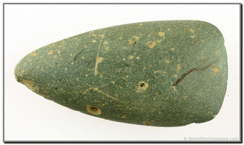 Killer 3 3/8" Adze: Truly unique extra pretty blue/green diorite with 100% polish over its entirety. Found in Montgomery Co., Kentucky. Ex- Thompson Collection.