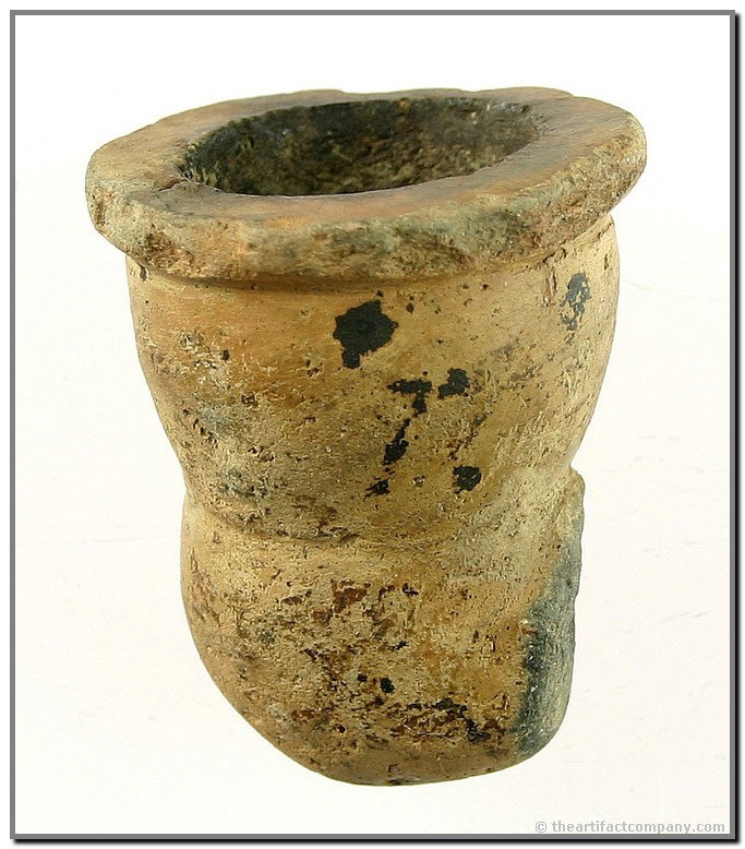 1 3/4" Ft. Ancient Pipe - Davis & Jackson COA's: Ft. Ancient Classic. Highly developed form. Had a longer stem but was salvaged and used right on. Made of fired clay. Ex- Scanlon Collection. Found in Southern Ohio. Davis & Jackson COA's.
