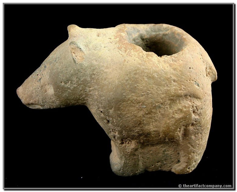 3 3/8" Mississippian Era Bear Effigy Pipe - Jackso: Extremely rare form. Iconographically identical to the Bear Effigy Pot found by Bill Rowlette at the Spanish Grant Site in St. Louis Co., Missouri in the 1970's. This pipe was found just south in NE A