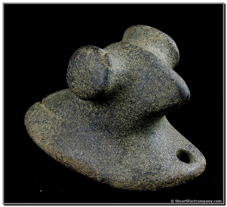 3" Bust Type Pop-Eyed Birdstone: Nicely polished and well defined form made of green and black speckled granite. Nicely drilled on both ends and in excellent condition. Reported found by Thomas Johnson in 1954 in Madison Co., Kentuck