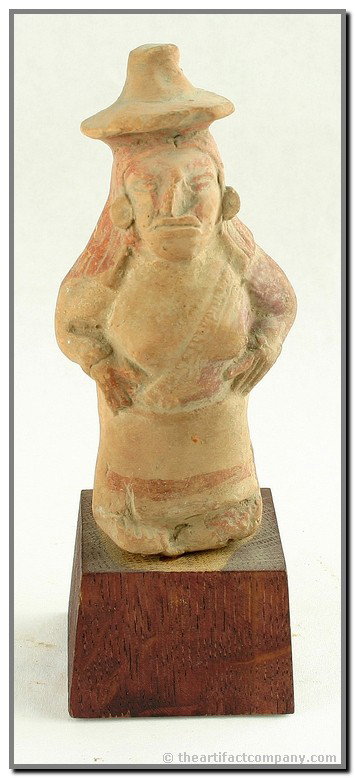 5" Mayan Culture Clay Female Figurine/Ocarina - Ex: Plus 1 1/2" stand. Found at Jonota, Tabasco. Mayan ruins of Palenque are located just 11 miles away. Truly a great figurine. Nice presence and 3D form. Hat, ear spools, classic bluff terra cotta with 