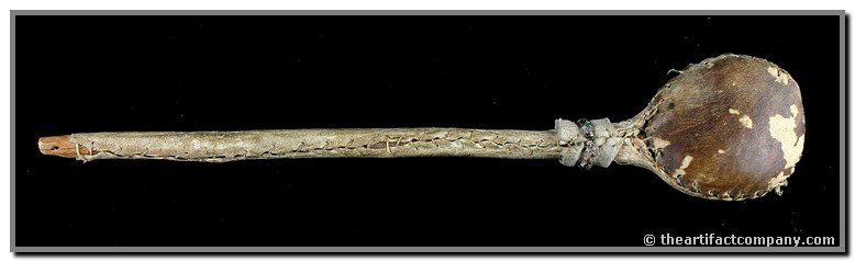 13" High Plains War Club - Jackson COA: Early, early form. Circa 1840-1860. Sinew sewn leather, wood, stone, plus some beads. Shows good age but very stable. Typically these earliest ones don't survive. Ex- Dana Scanlon Collection. Great st