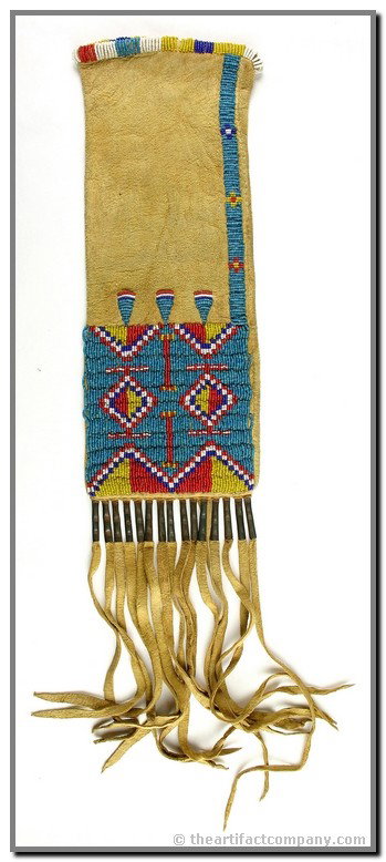 Native American Indian Beaded Pipe Bag: Plains type. Superb condition. Intricate and classic design with beautiful beadwork. Considered a 'womans pipe bag' being just 25 inches long with the fringe. Truly a killer example. Ex- Rowe Collecti