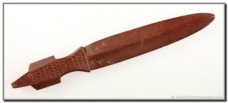 7 7/8" Engraved Catlinite Letter Opener - Davis 'G: Perfect condition with inticately carved fish handle complete with scales and other ornate decorations. Davis stipulates 'Historic' on his 'G-10' COA.