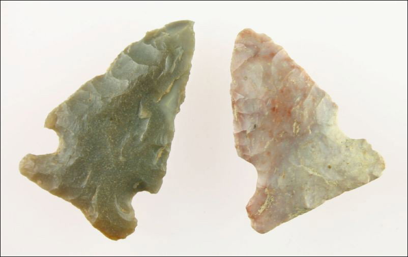 Great Pair of Kentucky Big Sandy Points: Biggest 1 3/4". One Carter Cave. One pretty red, yellow, and white Boyle Chert. Both found in Bath Co., Kentucky.