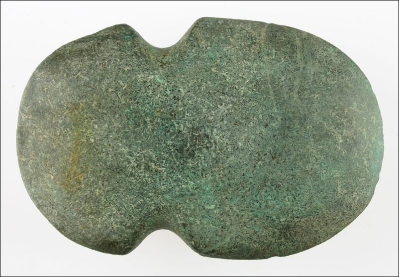 4 1/2" Beautiful Notched Axe: Made of gorgeous wire / straw rich emerald green Granite. Highly polished and perfect in every detail. Found in Ohio.