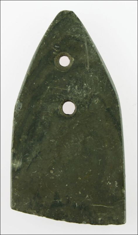 3 1/2" Salvaged Slate Pendant: Probably started life as a Sandal Sole. Two drilled holes. Pleasing polished dense black slate. Darke Co., Ohio.
