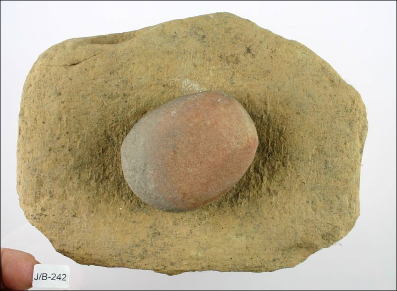 8 1/8" Metate and Mono: Stone Metate stands 2 1/2 inches tall by over 8 inches long. Associated quartzite Mano measures 3 inches by 2 1/2 inches. Reportedly found together by Roy Capps in Pushmataha Co., Oklahoma. Very decor