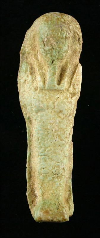 Really Nice 2" 26th Dynasty Ushabti: An Egyptian classic. Good condition with nice detail. Beard, cross arms, etc., evident. Made of a pleasing greenish yellow color faience loaded with minerals. 26th Dynasty example.