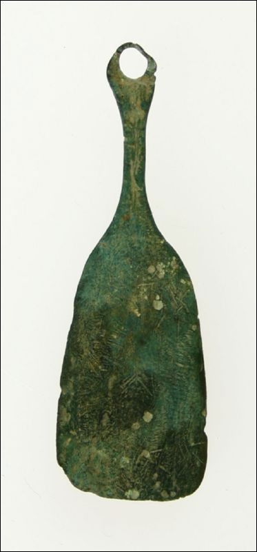 2" Roman Bronze Paddle Pendant: From the 2nd Century A.D. This rare form is well made and ultra thin. Looks like a pizza oven flipping paddle (just kidding!). Not sure what it symbolizes bit it is wafetr thin and perfect with great