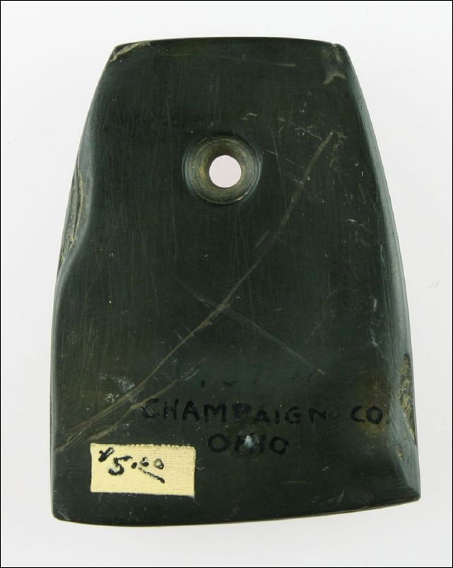 2 1/2" Hematite Pendant: Rare form and material. Excellent condition. Old writing reads - 'Champaign Co., Ohio' on one side and a simple capital 'H' on the other. Known collector? Really nice.