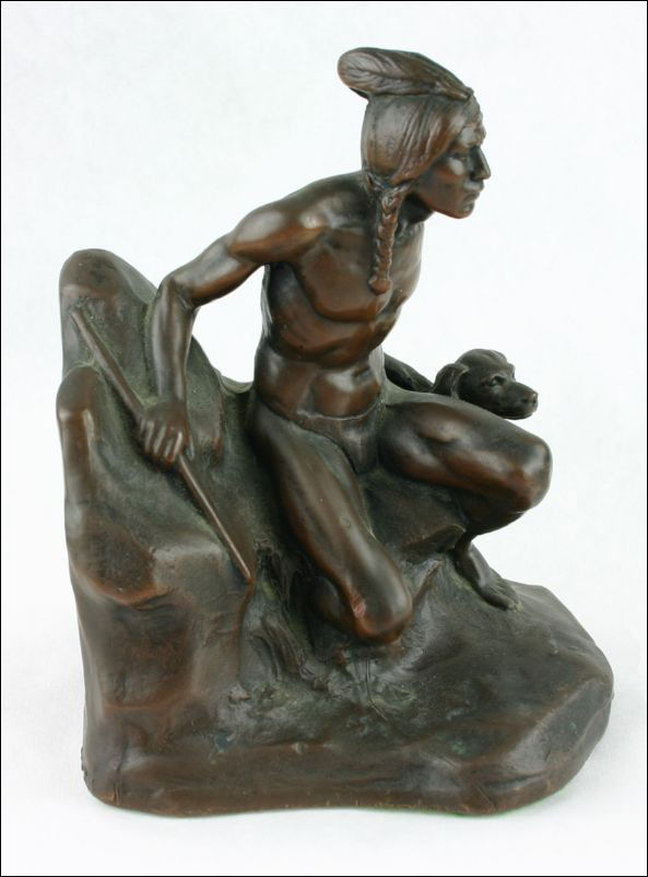 Great Antique Bronzed Indian Statue: Fabulous display. Indian with bow and arrow peering far away with his dog. Both have lots of detail. Marked 'J B Bronze Company (Massachusettes) #132'. Late 1800's, early 1900's. Perfect condition. Ni