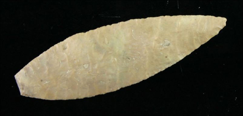 2 1/8" Mesopotamian Laurel Leaf type Dart: Awesome example with great form and great craftsmanship. The flaking is miraculously precise over the entirety of both blade faces. Very pretty multi-toned chert with nice gloss. Old museum(?) writing