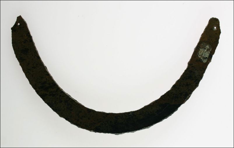 Exotic 5 7/8" Aztec / Mixtec Gorget - Stermer COA: Big and perfect. Made of high grade colorful black and red Mahogany Obsidian. Dates to the Post Classic period in Mexico 1250-1540 A.D. Drilled for suspension. Stermer COA.