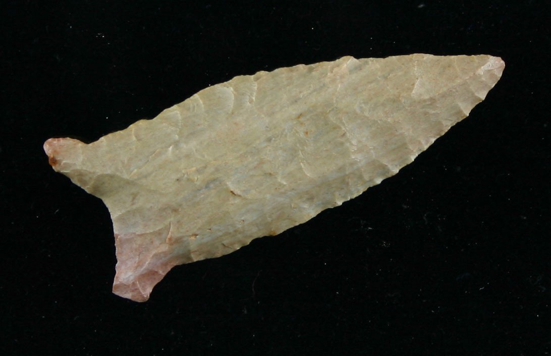 2" Beaver Lake: Literally has Cumberland like ears. Made of classic tan Ft. Payne with red highlights. Old writing reads - 'Stewart Co., Tennessee. Wells Creek'.