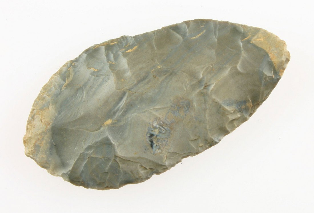 3 1/4" Bullseye Hornstone Cache Blade: Classic example. Terrific 'Bullseye' fills the entirety of both sides. Thin and well made. Found in McLean Co., Kentucky.