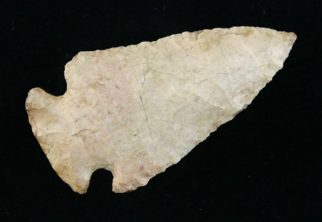 Pretty 2 1/4" Dovetail: Great form. Great color. Cream with a strawberry blush. Well made. Minute serrations all along both blade edges. Limestone Co., Alabama. Ex- Judge Walker Collection.