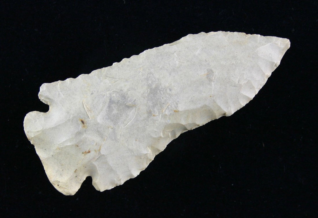 2 5/8" Pinetree: Classic Attica Chert - Indiana Green. Old writing indicates found in Orange Co., Indiana. All there save a plow sheer on one edge. Ex- Leak Collection.