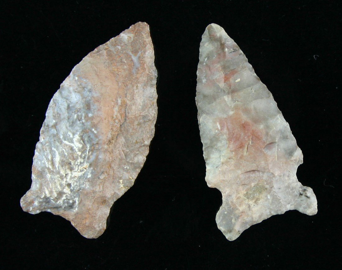 Beautiful Pair of Kentucky Arrowheads: Big Sandy and Beaver Lake type. 1 3/4" each. Both exquisite and both with extreme color. Both found in Bath Co., Kentucky.