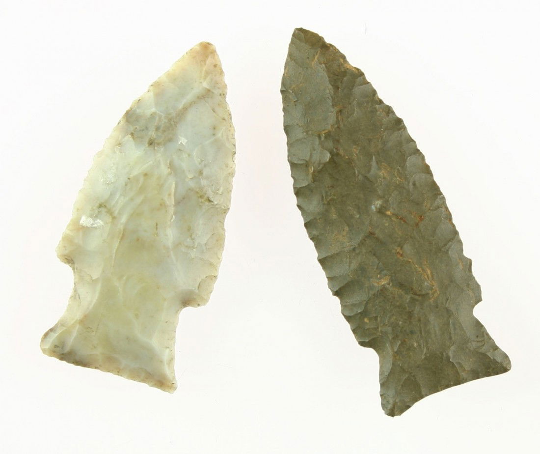 Pair of Exceptional Bakers Creeks: Biggest is 2 1/4". Both literally perfect. One is chocolate brown Dover from Tennessee. The other is Flint Ridge from Ohio (may be Hopewell).