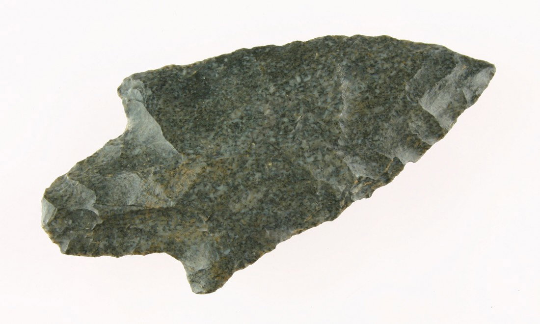 Perfect 3 1/4" Adena: Great symmetry. Very interesting minute fossils evident in the high grade blue and white chert. Central Ohio. Ex- Mitchell Collection.