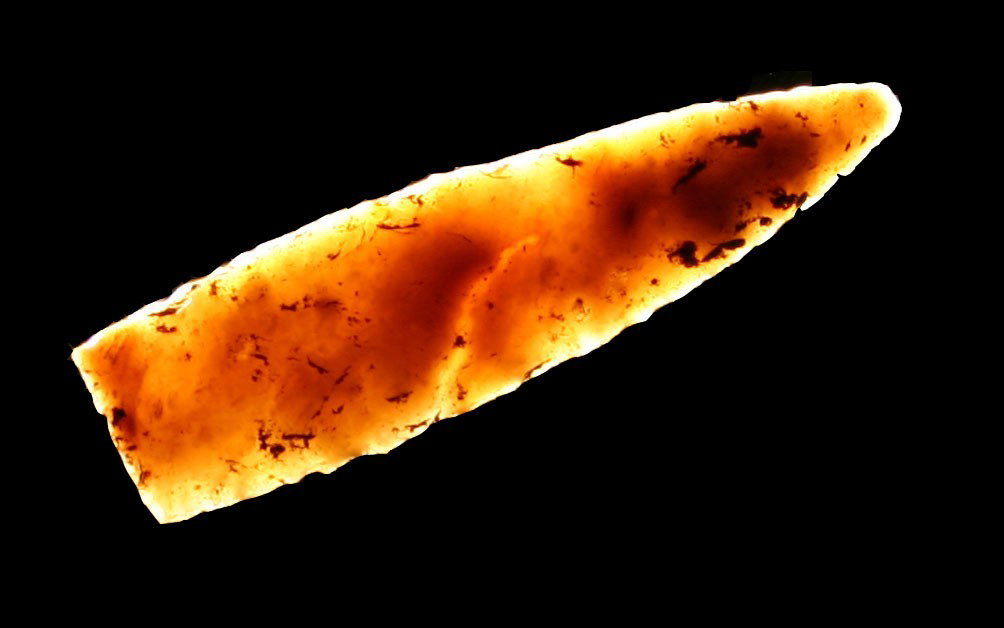 Finest Guntersville We Have Ever Handled: Ultra thin. Extremely long. Very colorful highly translucent Boyle chert. Found in Bath Co., Kentucky. Ex- White Collection. Easily a $100. example.